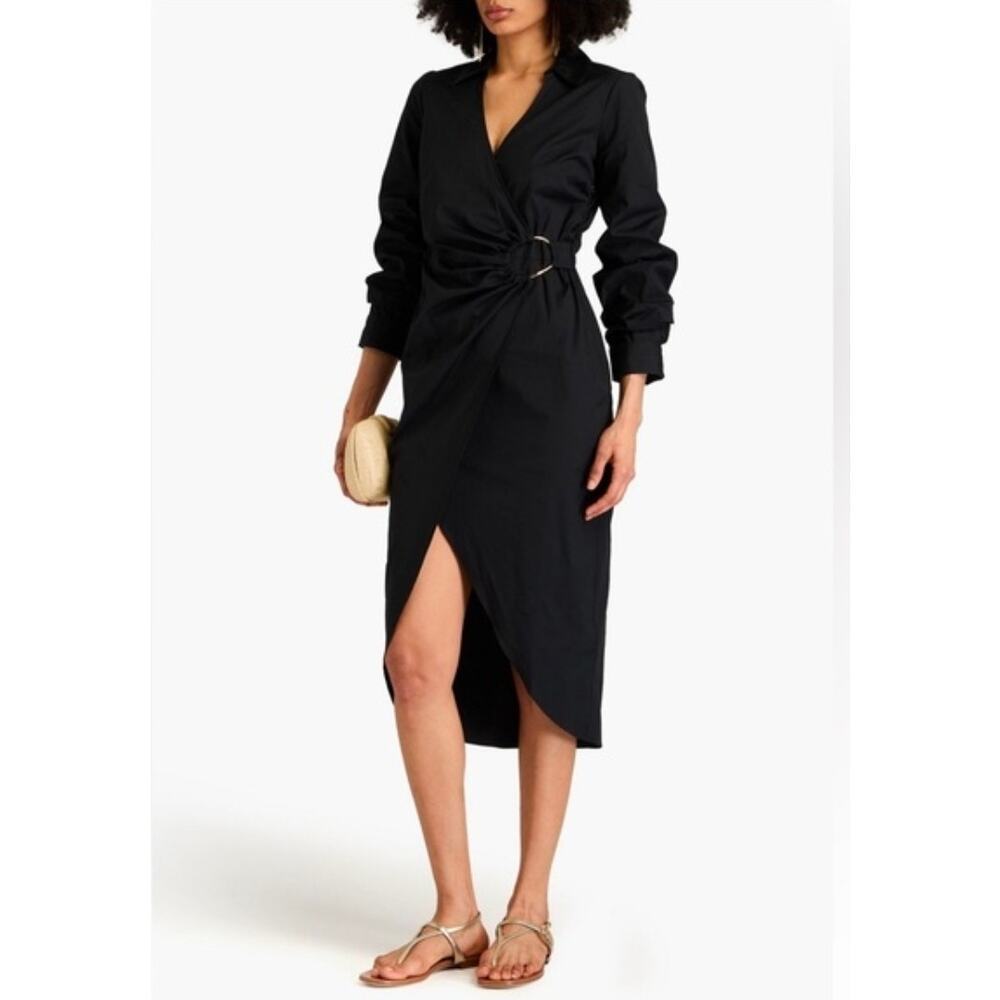 Veronica Beard Afton Wrap Front Stretch Cotton Dress sz 4 black gold ring $498
